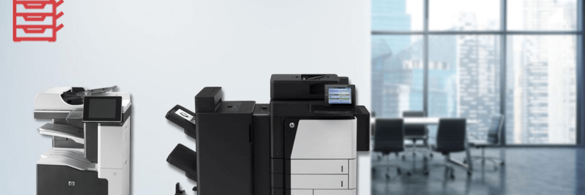 Multifunction office machines against a wall in the office, HP Office Technology Products and Printers
